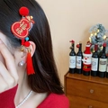 Pince à cheveux festive rouge avec broderie, pompons, longues franges et breloques - 63# Pince à Gland-Forme de Gourde-Rouge-Bénédiction