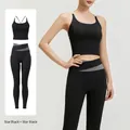 Women's starry black athletic yoga set featuring cross-back vest and high-waist leggings - S / Top And Bottom / Starry Black + Starry Black