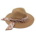 Cappello di paglia beige a tesa larga con nastro in seta a motivi geometrici colorati - M(56-58cm) / Cachi