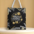Detail of Christmas canvas handbag with golden Merry Christmas print and festive ornaments - Style 61