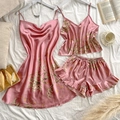 Pink satin floral sleepwear set with camisole, shorts and V-neck nightdress - S / Pink Cherry