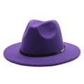 Detailed side view of deep purple wool felt fedora with black ribbon and metal chain decor - M (56-58cm) / Purple