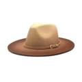 Two-tone wool fedora hat in khaki and brown with a slim leather belt and gold buckle - Khaki Thin Belt Decor / Khaki/Brown