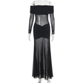 Dettaglio delle maniche in rete scoperte e consistenza del vestito nero su sfondo bianco - XS / Nero