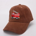 Detailed close-up of brown baseball cap featuring red fire truck embroidery on front - Kids Size / Fire Truck Embroidery / Coffee