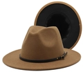 Detail showing brown wool fedora hat with minimalist black leather belt and gold buckle - M (56-58cm) / Khaki & Black
