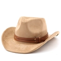 Classic khaki suede wide brim cowboy hat featuring double brown leather belts and studs - M(56-58cm) / Camel