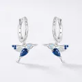 925 sterling silver hummingbird earrings with blue opal stones and detailed engraving - Silver Blue Hummingbird