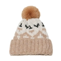 Detail van de mohair gebreide muts met retro geometrische patronen en een grote bontpompom - M(56-58cm) / Khaki