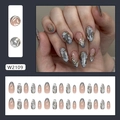 Unghie finte con design floreale grigio e rosa, kit manicure fatta a mano forma a mandorla - Stile Foglia di Specchio (W2109)