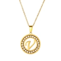 Detail of a gold-plated circular pendant with V-letter and shimmering crystal inlay - Letter V