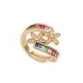 Anello aperto a girasole dorato con zirconi cubici colorati e micro-cristalli - Aperto Regolabile / Doppio Fiore Arcobaleno (CR0066CX)