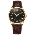 Detail view of quartz watch with black textured dial and brown crocodile leather strap - Black Dial Brown Strap