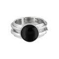 Retro S925 sterling silver wide ring with round black agate gemstone for women - Size 16/Adjustable / White Gold