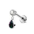 Macro shot of F136 titanium earring with white zircon and teardrop crystal charm - 1.2*6mm / Titanium Color + Rainbow