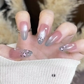 Long almond press-on nails with pink gradient, leopard patterns, and sparkling rhinestones - By2185 Short Water Drop / Phototherapy Glue Style