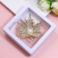 Golden maple leaf brooch with white pearl and crystals in a floating display box - XZ126-Maple Leaf Pearl-Boxed