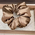 Macro shot of bronze satin silk scrunchie with soft folds on textured glass tray - Coffee