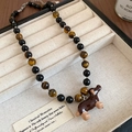 Close-up of beaded tiger eye necklace with brown dachshund pendant in jewelry box - Dachshund Dog Style (6#) / Brown