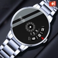 Detail of waterproof quartz watch featuring unique rotating dial and silver steel band - New Concept - Silver Band Black Dial (Steel Strap)