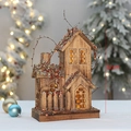 32cm houten kersthuisje met verlichting en rode pailletten voor warme decoratie - B 5356