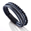 Men's multi-layer tiger eye stone beaded bracelet with blue PU leather and magnetic clasp - Blue Tiger Eye / 21.5cm