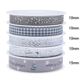 Five rolls of grey, white and silver Christmas ribbons with stars and trees, 10mm and 15mm width - Silver 5-Style Ribbon Set (5m/Roll)