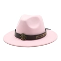 Pink wool fedora hat detail with brown leather band and antique bronze floral buckles - Pink