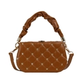 Brown quilted handbag with gold flower rivets and stylish cloud ruched handle design - Brown