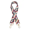Detail of adjustable canvas bag strap with colorful geometric pattern and gold metal hooks - No.19 Multi-color Stripe Gold Buckle