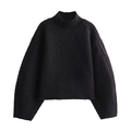 Felpa da donna in maglia nera con collo a lupetto e spalle scese dal taglio ampio - S / Nero