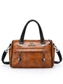 Brown vintage Boston bag with dual zippers and adjustable shoulder strap in soft leather - Yellow