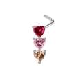 L-shaped stainless steel nose stud featuring three colorful vertical heart-shaped gems - L-Shaped Nose Stud / Steel Color Nose Stud