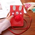 Red crossbody phone bag with cute rabbit ears and fluffy pompom detail for women - Red