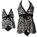 Detail of leopard print family swimsuits with black bow belts and halter neck design - Kids 116 / Leopard Print
