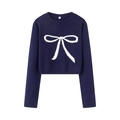 Pull court en tricot bleu marine pour femme avec un grand nœud contrasté blanc - S / Bleu foncé
