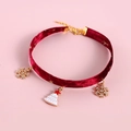 Close-up of wine red velvet pet collar with gold snowflake and Christmas tree pendants - XS (20-27cm) / Red Velvet Christmas