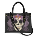 Halloween sugar skull tote bag with purple roses and adjustable shoulder strap - Sugar Skull Purple Rose - Black Strap