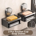 Set of 2 gun grey suction cup soap holders with 4 hooks for bathroom wall storage - Suction Cup Double Layer Soap Dish-2 Pack-Gunmetal Grey