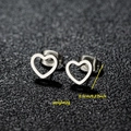 Detail view of hollow heart stud earrings showing 0.7cm size and 2g weight specs - Heart / Steel