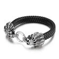 Bracciale in pelle intrecciata con ciondoli a teschio e capo indiano vintage - 21.5cm / Stile Teschio (KB38190-D) / Nero/Argento