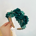 Detail of dark green floral headband with rhinestone embroidery and satin flower petals - 3D Flower Rhinestone Headband / Dark Green