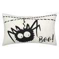 Detail of linen Halloween pillowcase with hanging spider graphic and Boo text - Style 09-Beige Spider Boo