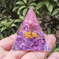 Orgone crystal pyramid with rose quartz, amethyst, copper spiral and gold leaf accents - Purple Rose Quartz Spiral Gold Powder / Small