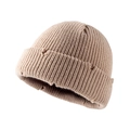 Beige ribbed knit beanie hat with cuffed edge and dome shape for autumn winter - Khaki