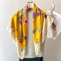 Floral yellow silk scarf with purple flowers and polka dot print square shawl 90x90cm - Large Square Scarf (90x90cm) / Yellow (FN102-4)