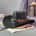 Black western cowboy hat with wide brim and ornate bull head metal buckle detail - Bull Head Belt Decor / Black