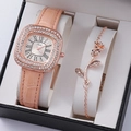 Orologio quadrato in oro rosa con cinturino in pelle rosa e set di braccialetti a fiori - Rosa (Orologio con Bracciale)