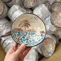 Handcrafted coconut shell bowl with shell inlay featuring a blue beach coconut tree pattern - Coconut Tree Style