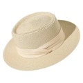 Dettaglio cappello di paglia beige chiaro con nastro largo e trama intrecciata fine - M (56-58cm) / Cappello Beige + Nastro Beige